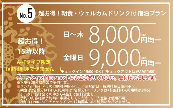 A～Fタイプ限定15時以降宿泊日～木8,000円・金曜9,000円